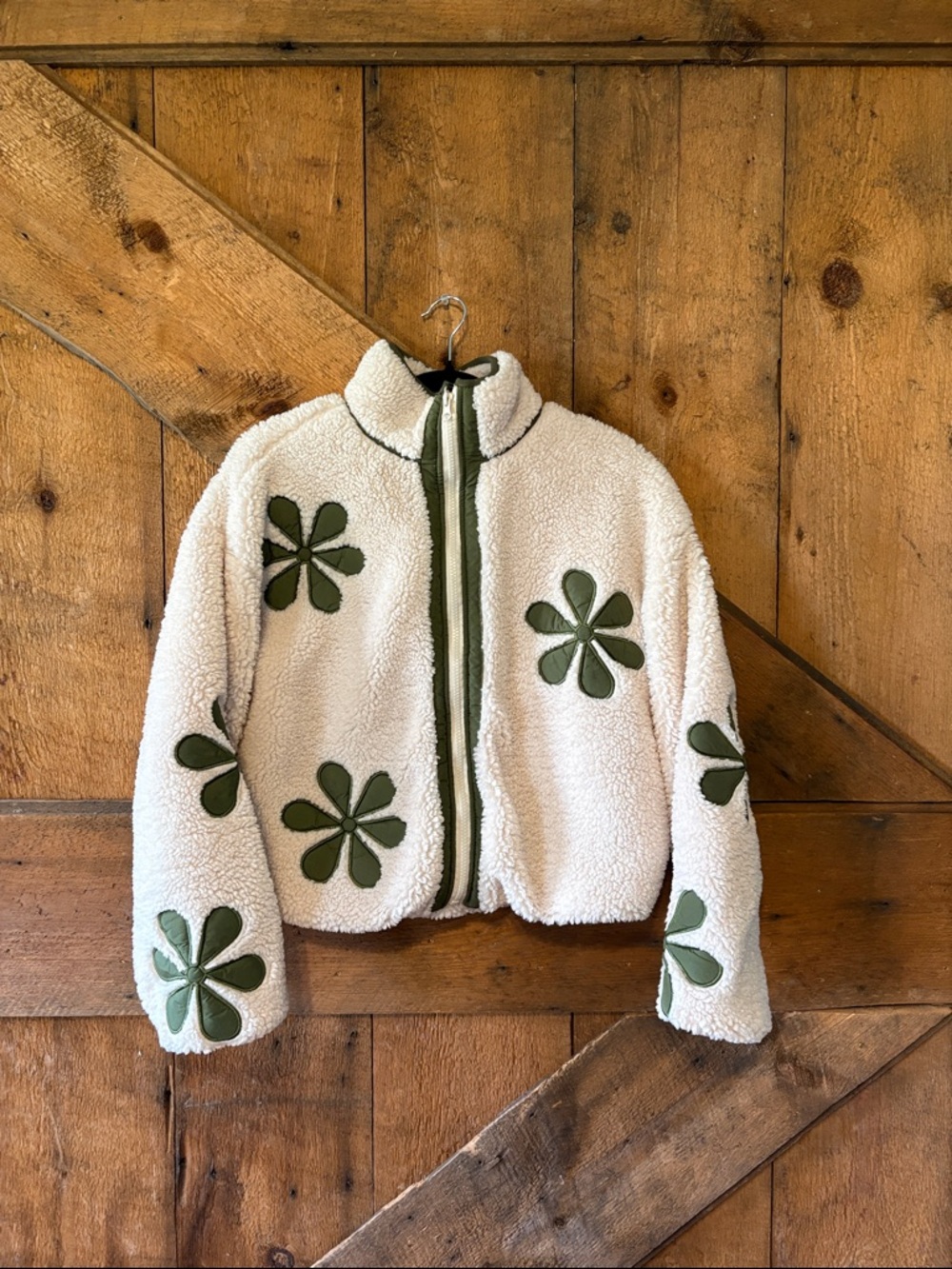 Thread & Supply Cream Sherpa Jacket with Olive Green Flower Appliqués